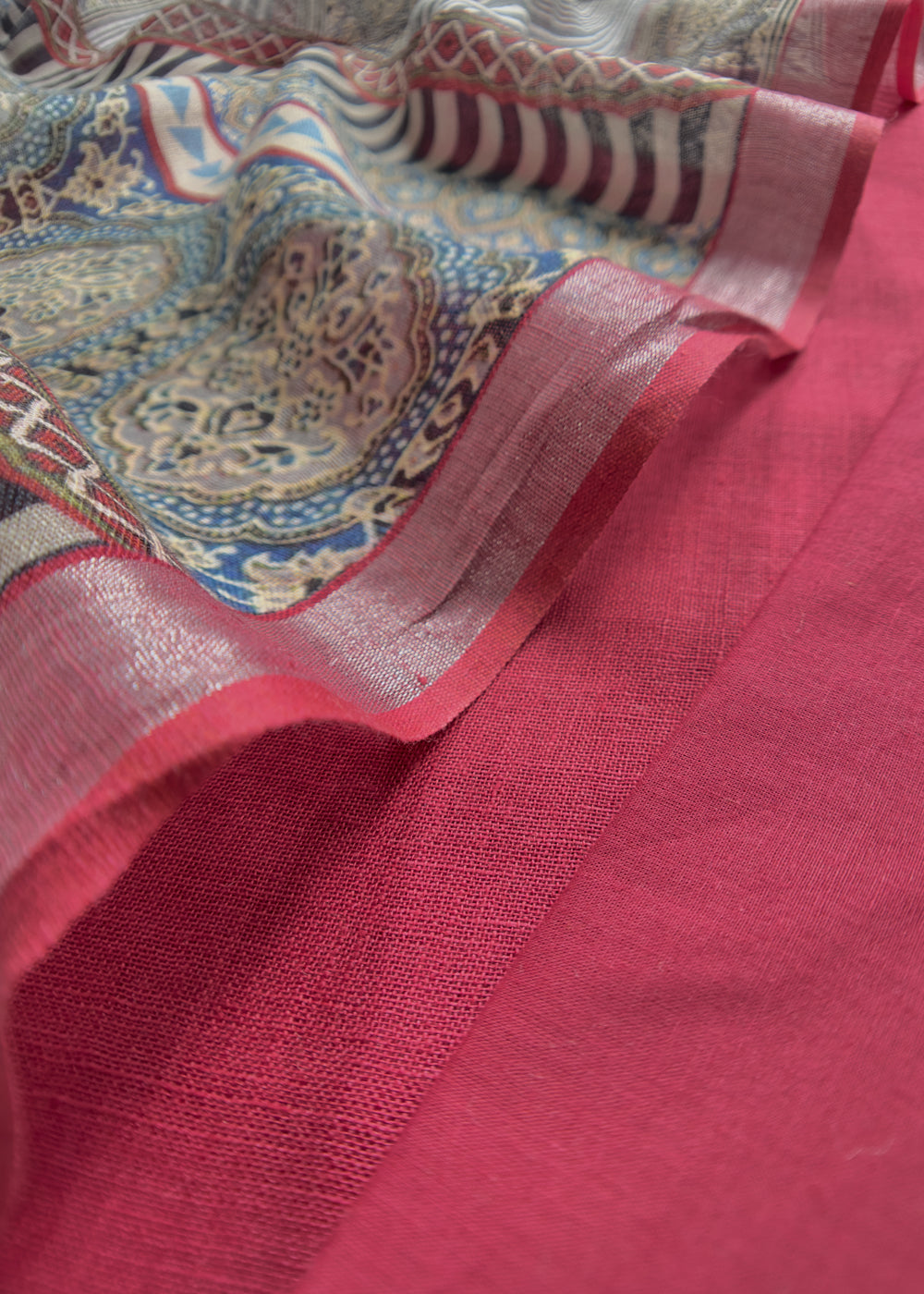 Red Linen Unstitched With Contrast Dupatta