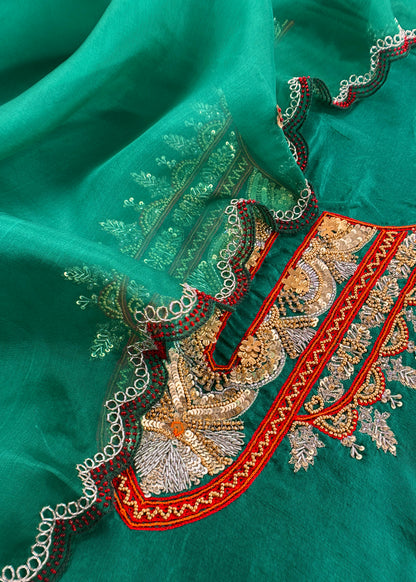 Luxe Emerald Green Dupion Silk Kurta and Kora Silk Dupatta With Handwork