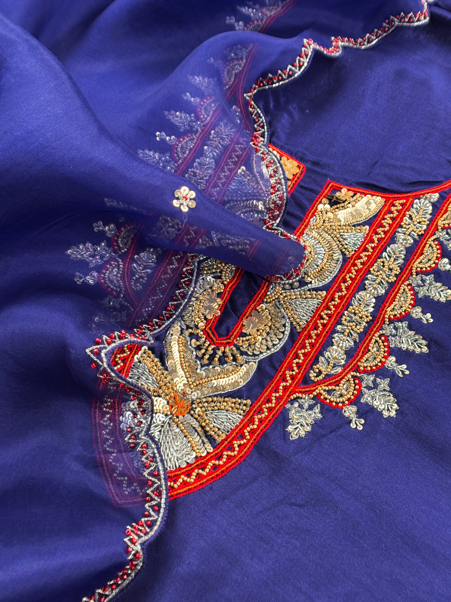 Luxe Royal Blue Dupion Silk Kurta and Kora Silk Dupatta With Handwork