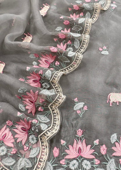 Grey Pure Organza Silk Suit With Parsi Embroidery