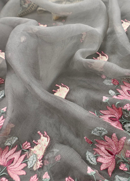 Grey Pure Organza Silk Suit With Parsi Embroidery