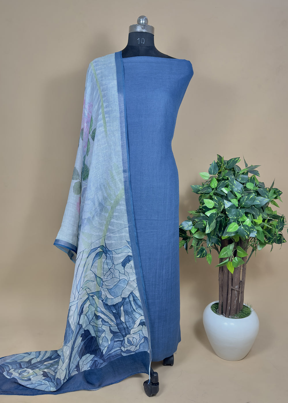 Blue Linen Unstitched With Contrast Dupatta