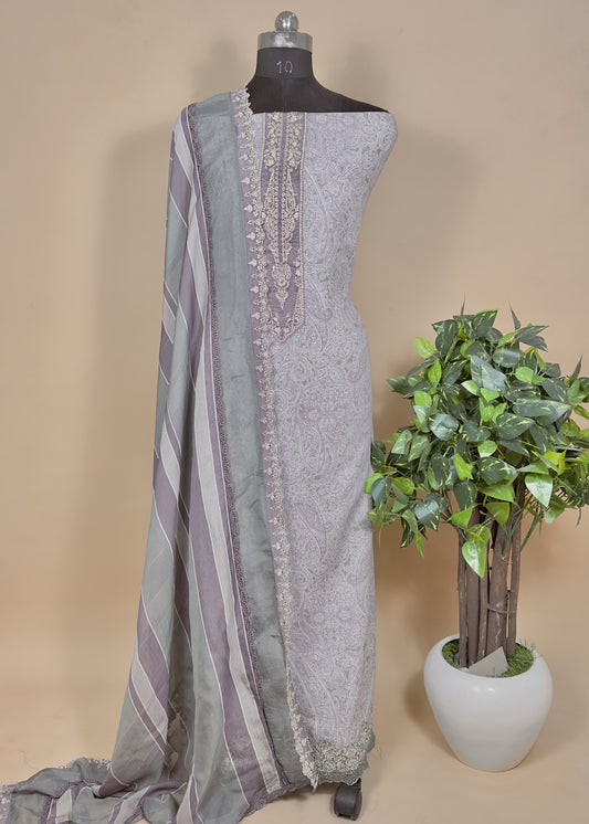 Green Linen Suit With Organza Dupatta