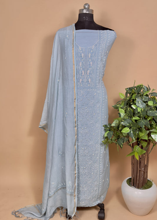  Blue Lakhnavi Mul Chanderi Suit With Chikankari Work