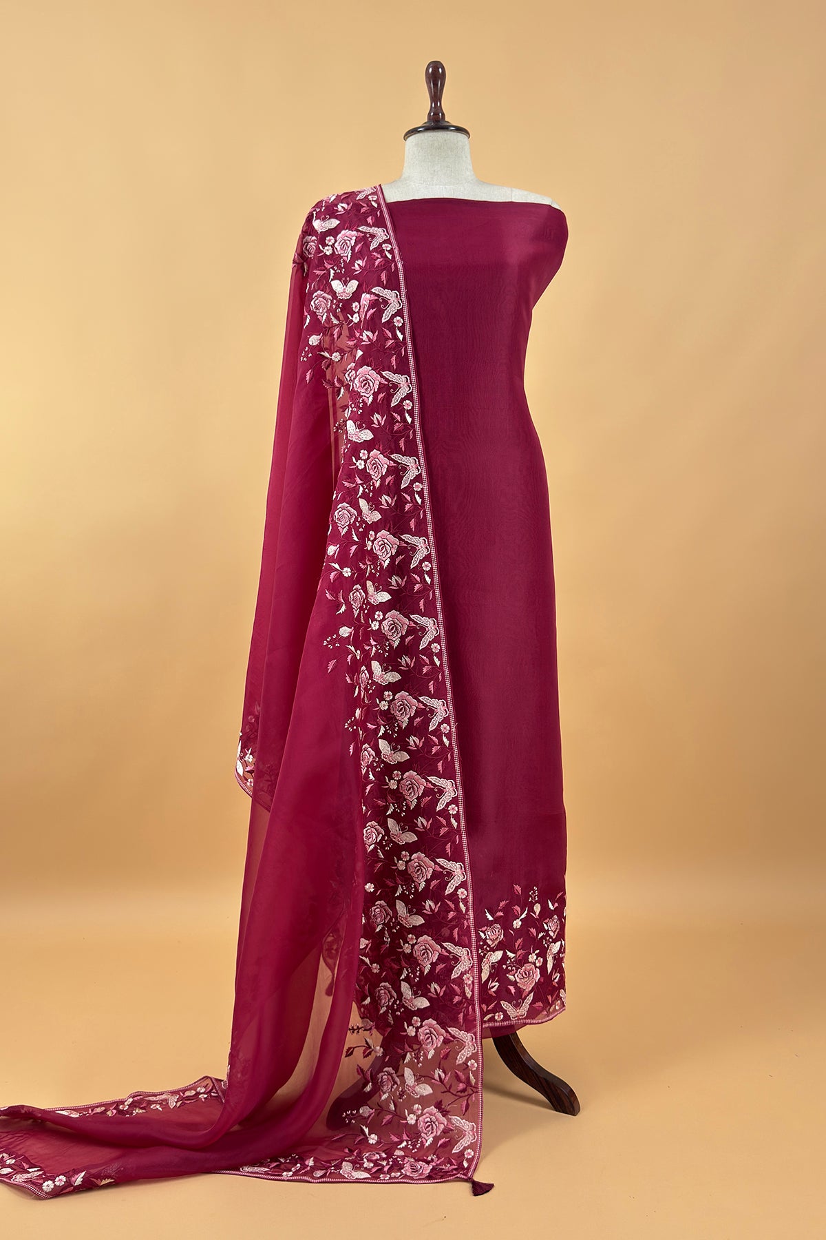 Maroon Pure Kora Silk Suit With Parsi Thread Embroidery