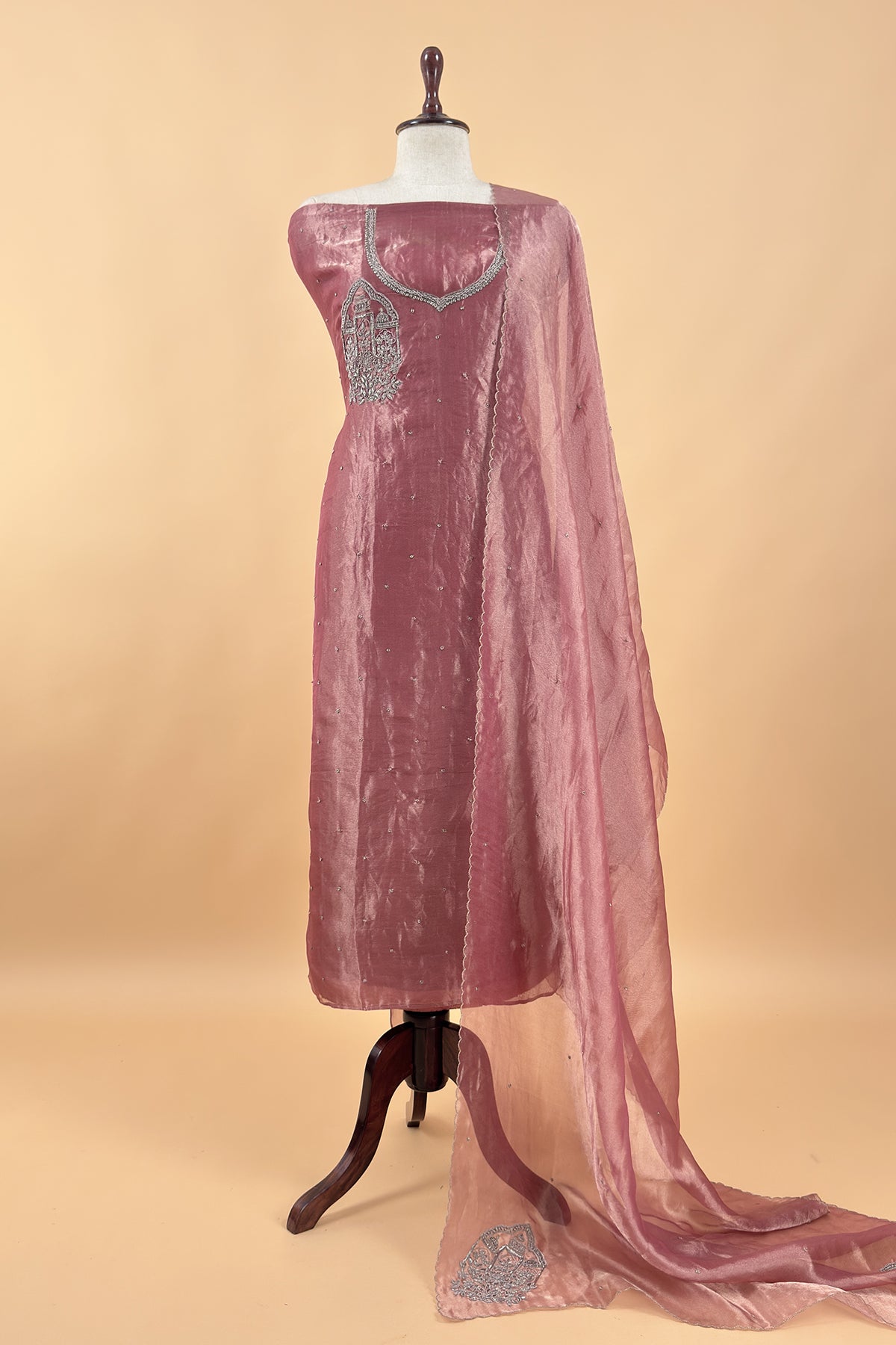 Dusty Rose Pink Tissue Silk With Hand Embroidery