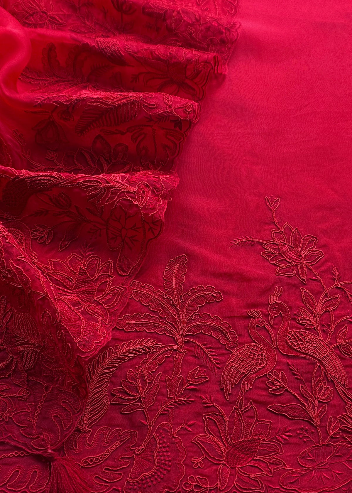 Kalasheel Luxe Red Handloom Organza Suit With Garden French Embroidery