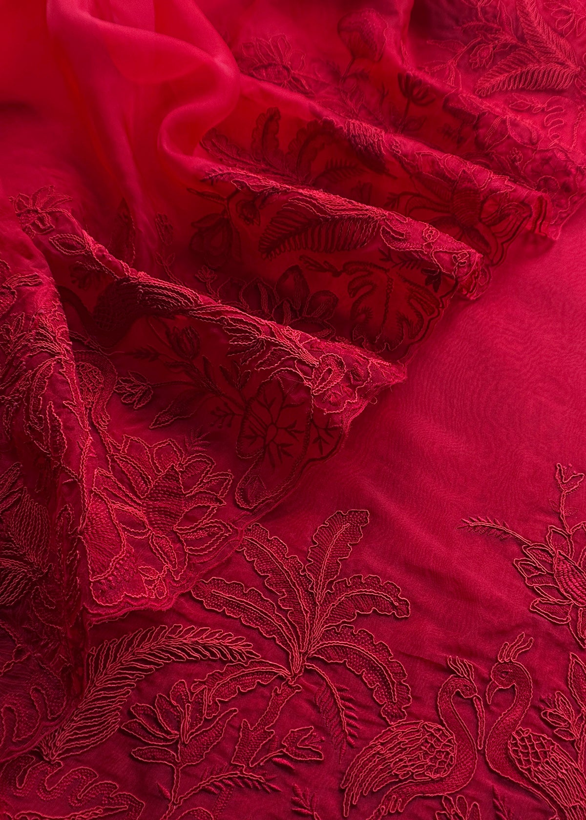 Kalasheel Luxe Red Handloom Organza Suit With Garden French Embroidery