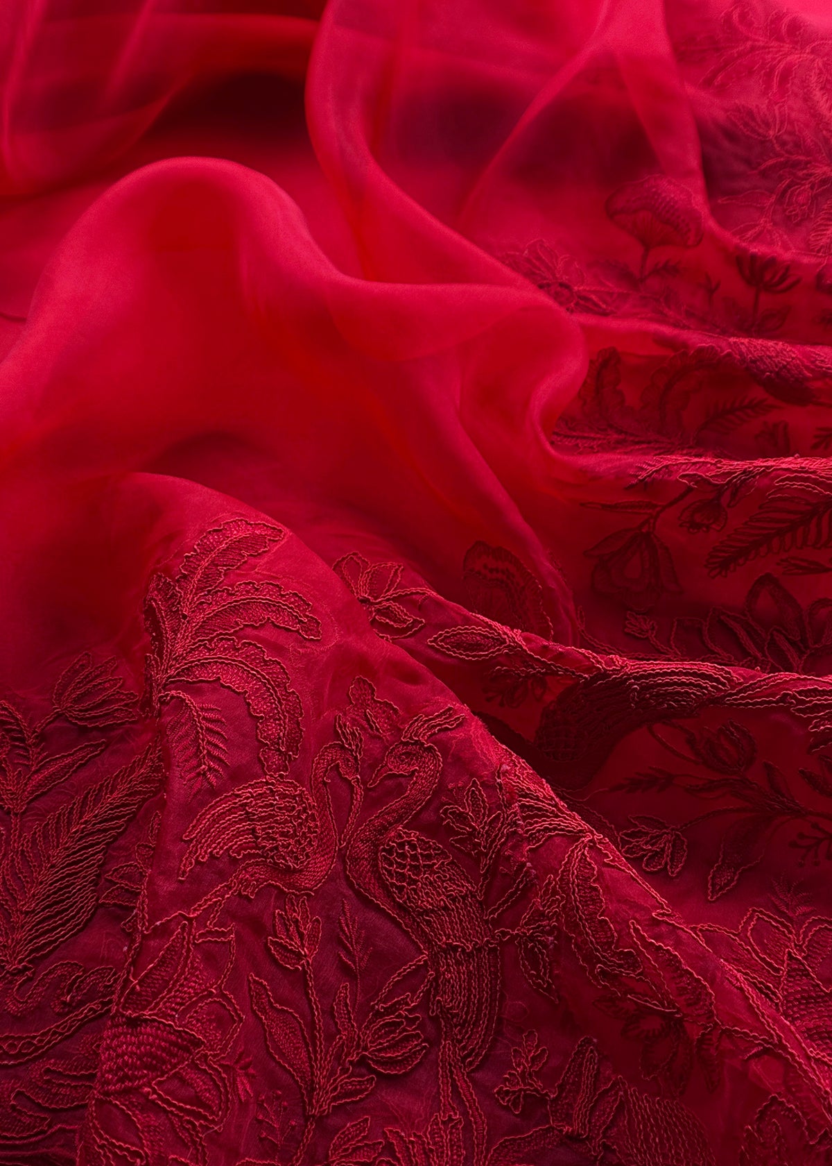 Kalasheel Luxe Red Handloom Organza Suit With Garden French Embroidery