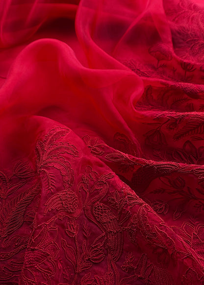 Kalasheel Luxe Red Handloom Organza Suit With Garden French Embroidery