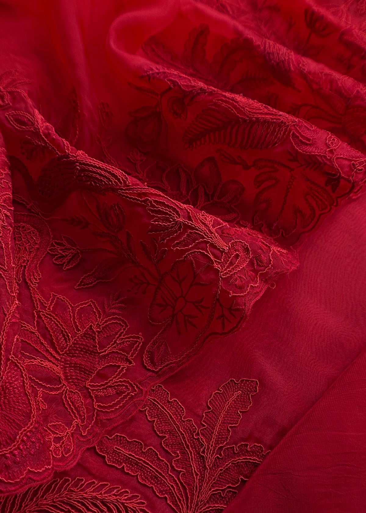 Kalasheel Luxe Red Handloom Organza Suit With Garden French Embroidery