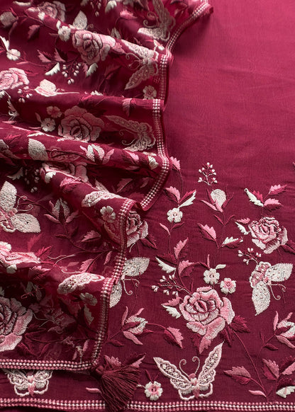 Pure kora silk suit with parsi thread embroidery


