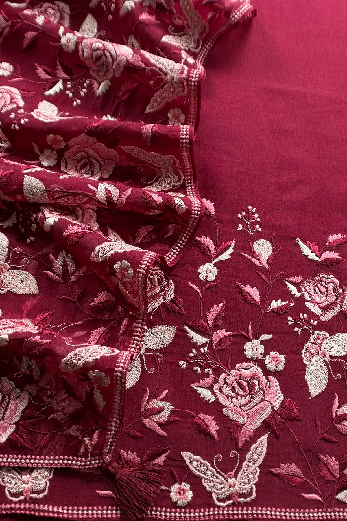 Maroon Pure Kora Silk Suit With Parsi Thread Embroidery