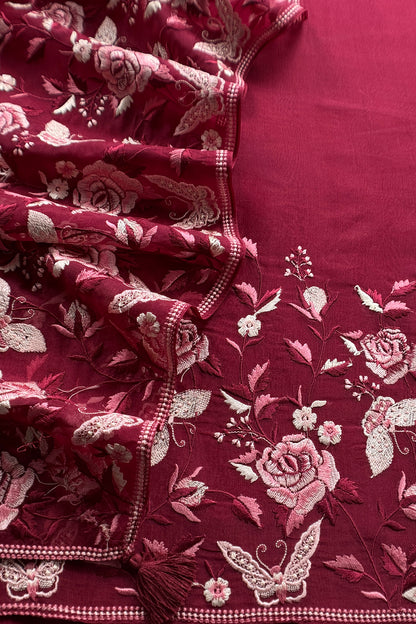 Maroon Pure Kora Silk Suit With Parsi Thread Embroidery