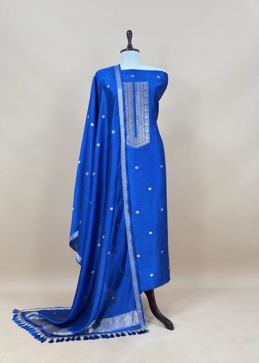 Royal Blue Designer Handloom Silk Unstitched Suit With Dupatta