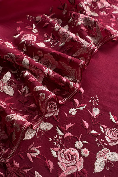 Maroon Pure Kora Silk Suit With Parsi Thread Embroidery
