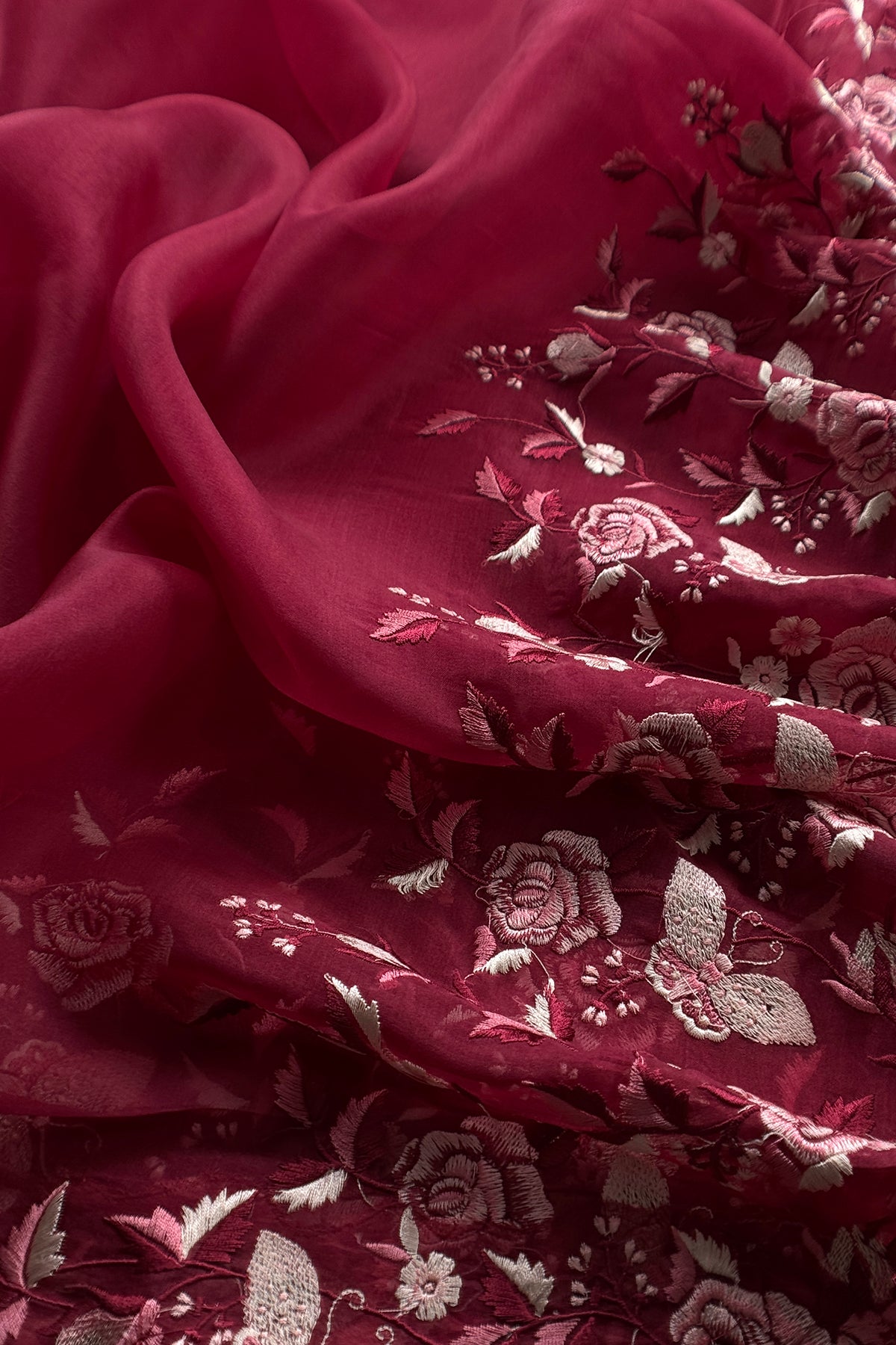 Maroon Pure Kora Silk Suit With Parsi Thread Embroidery
