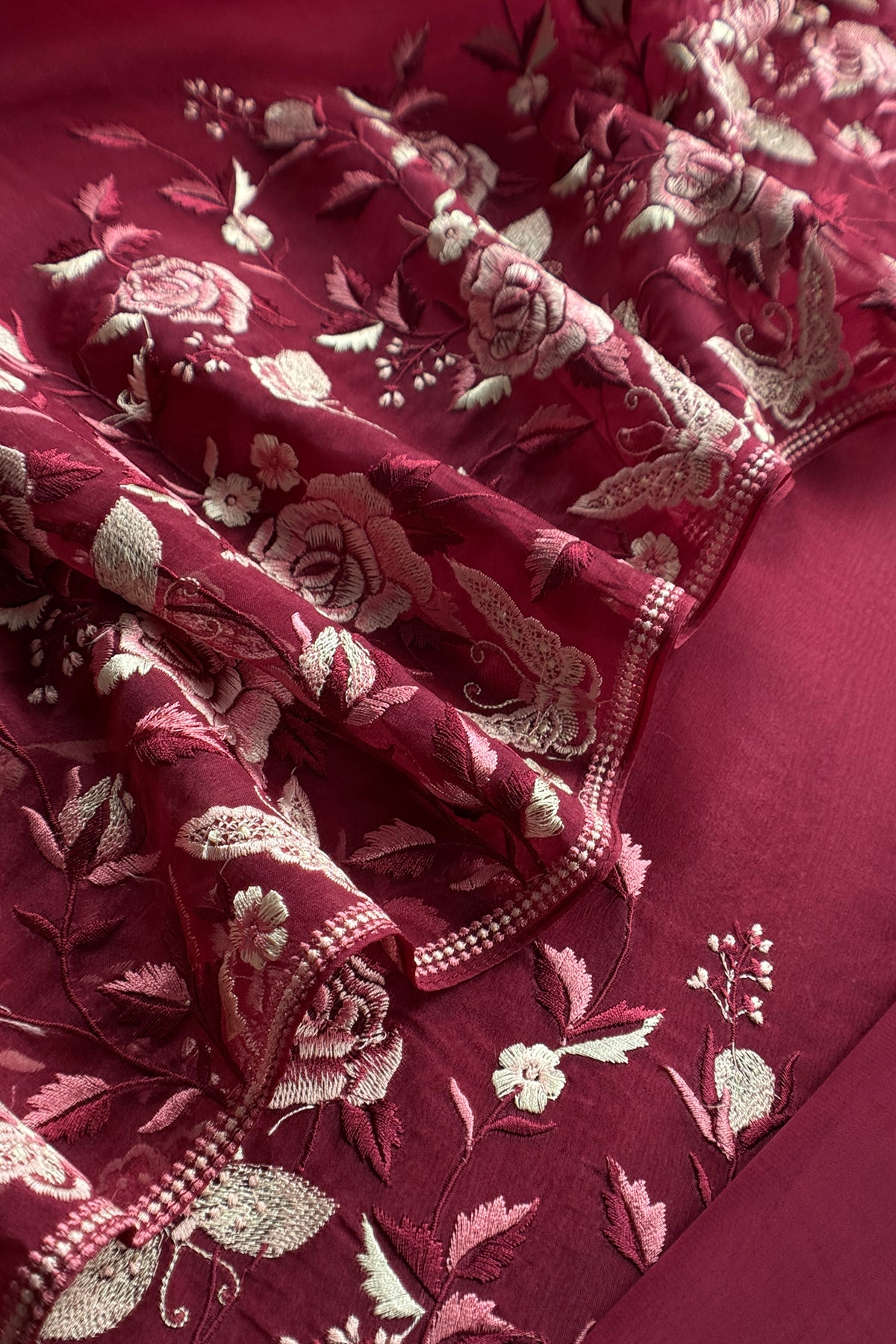 Maroon Pure Kora Silk Suit With Parsi Thread Embroidery