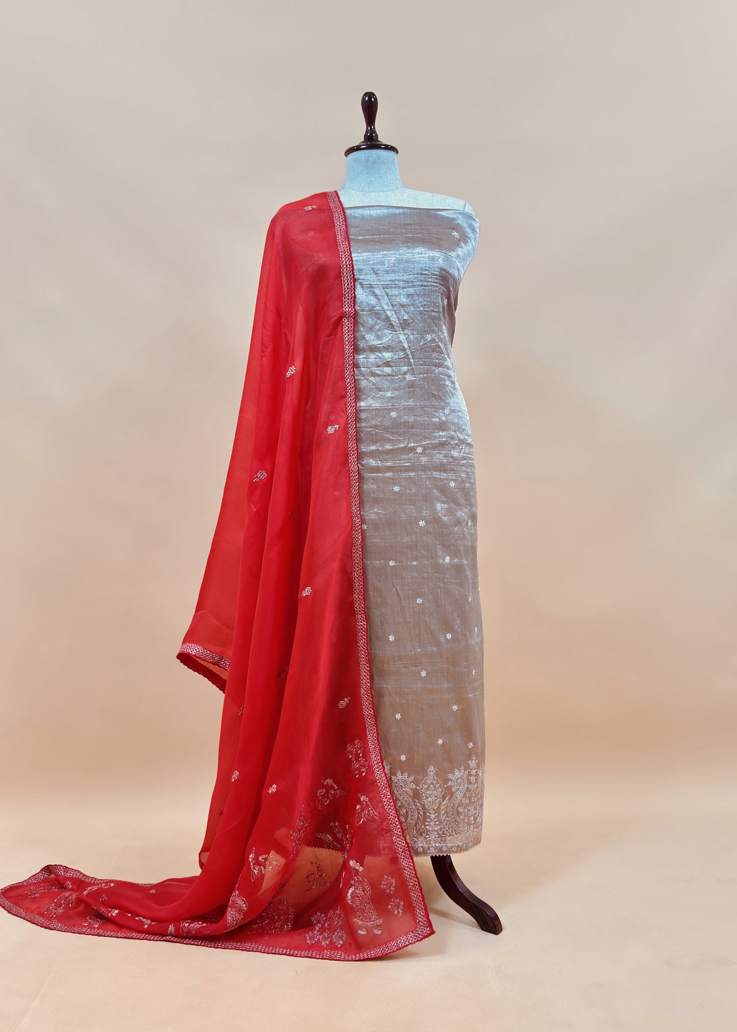 Luxe Golden Red Dulhan Handloom Tissue Silk Kurta And Kora Silk Dupatta With Pitta Hand Work