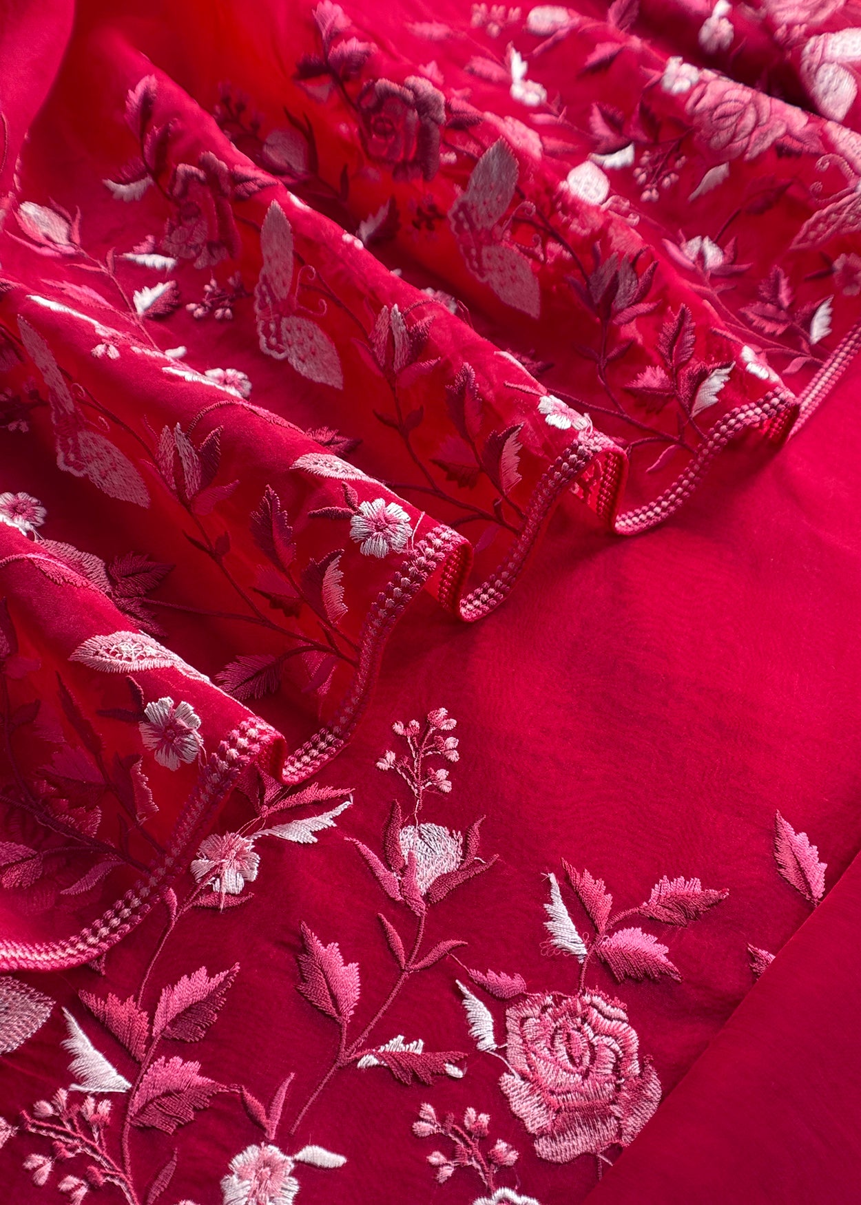 Red Handloom Kora Silk Suit With Parsi Embroidery