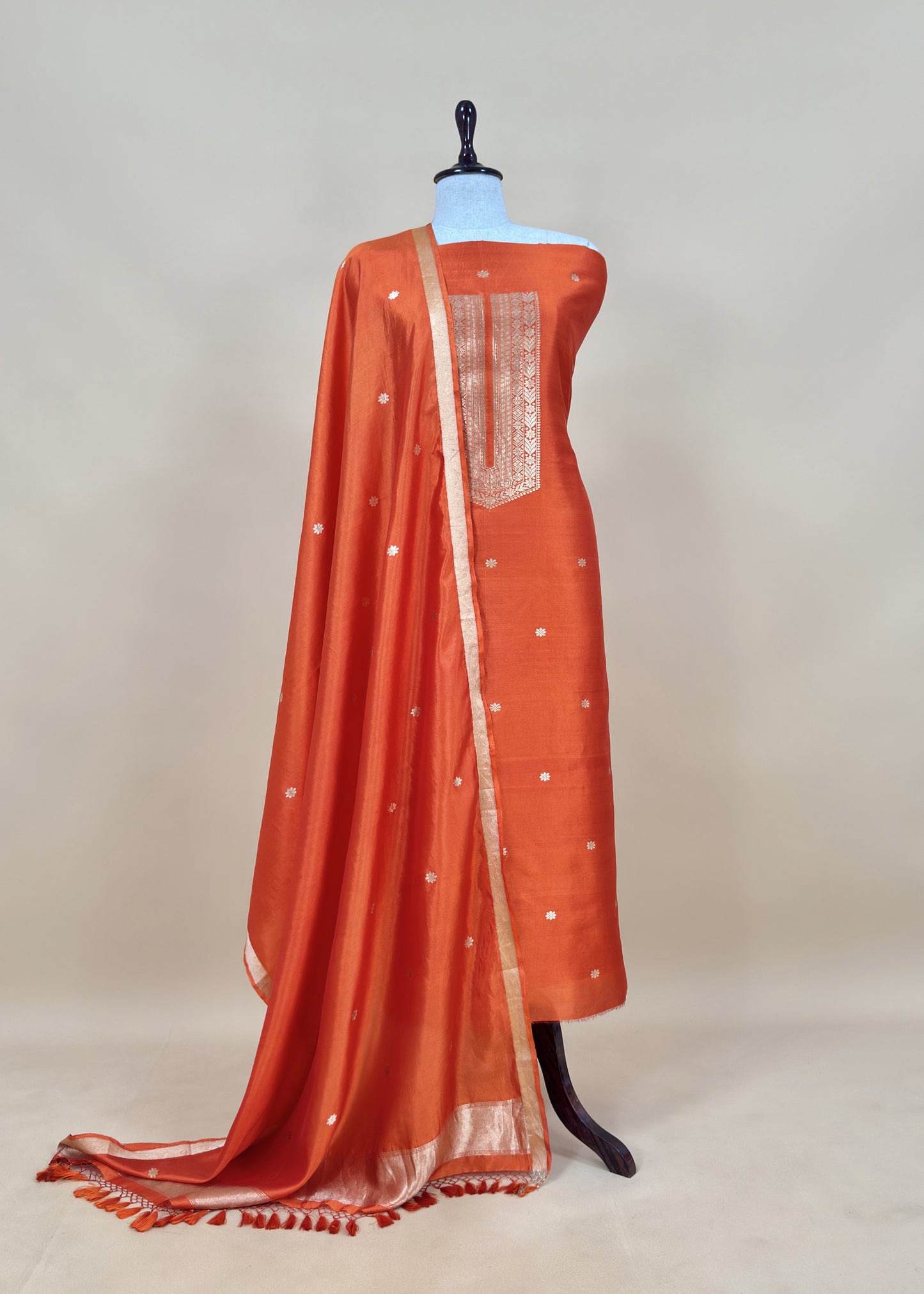 Orange Designer Handloom Silk Unstitched Suit With Dupatta