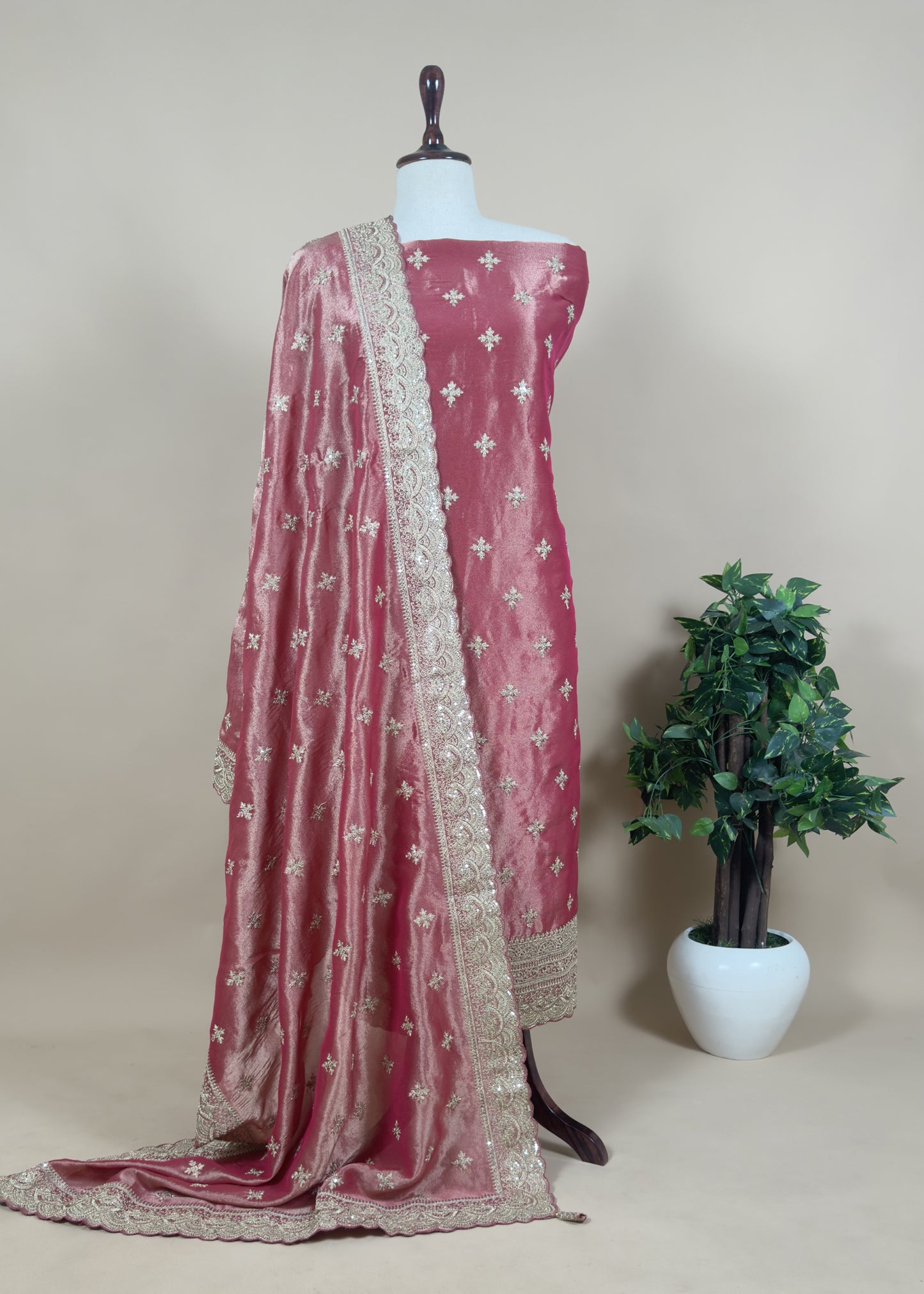 Red Pure Unstitched Tissue Suit with Dupatta