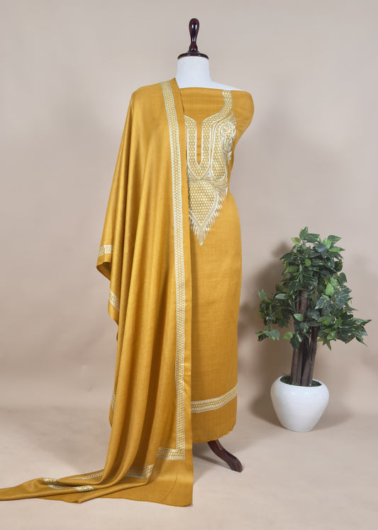 Yellow Unstitched Woolen Suit With Aari Zari Embroidery work