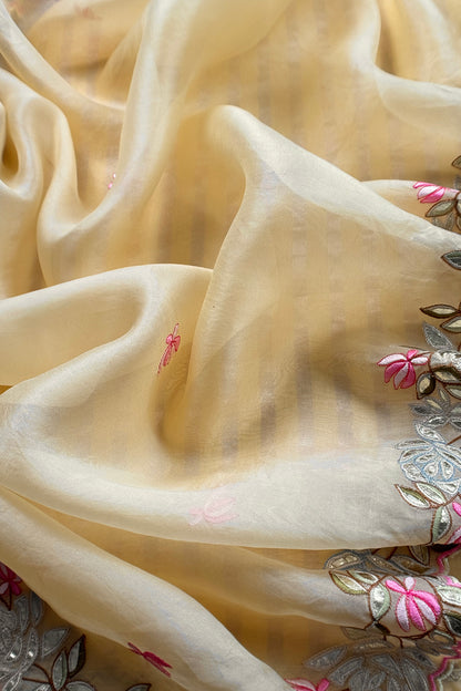 Butter Yellow Luxe Handloom Kora Silk Suit Fabric With Gotapatti, Appliqué And Parsi Stitch Handwork
