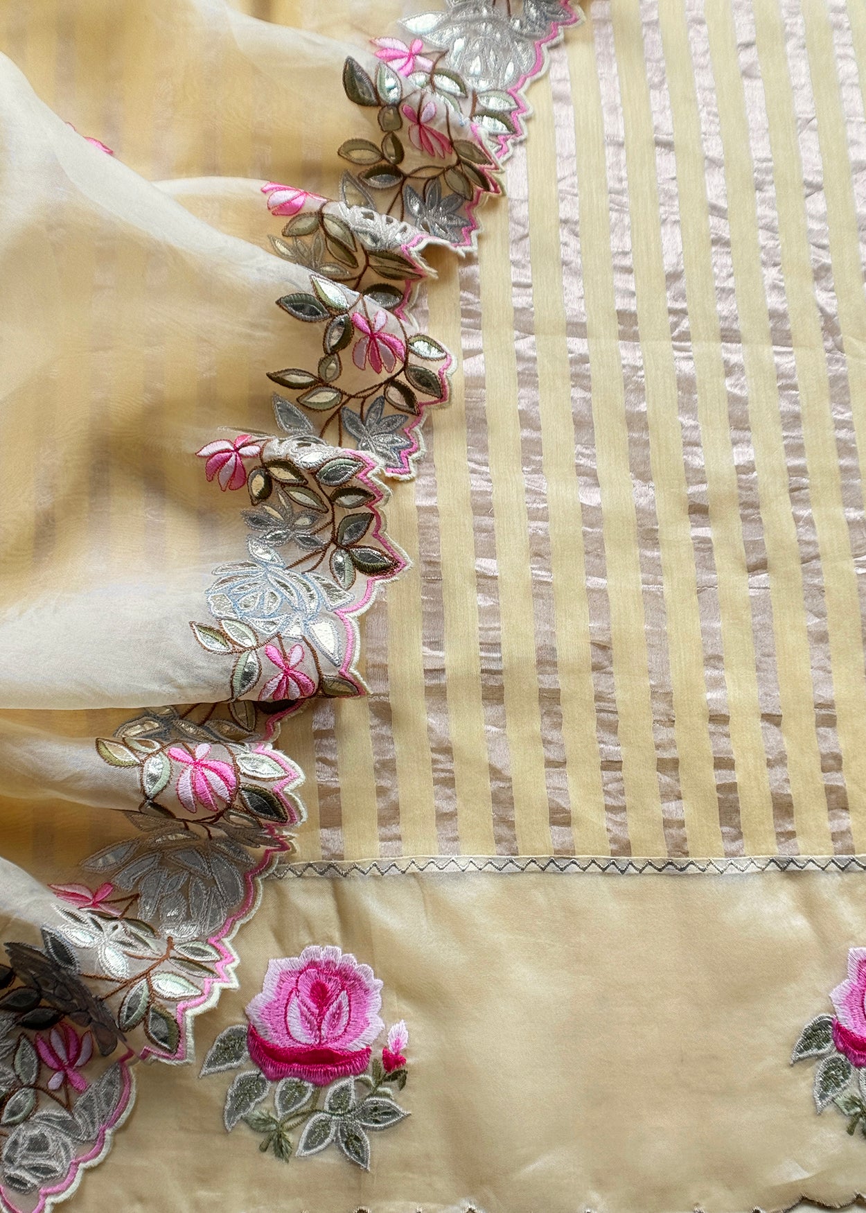 Butter Yellow Luxe Zari Woven Handloom Kora Silk Suit Fabric With Gotapatti, Appliqué And Parsi Stitch Handwork