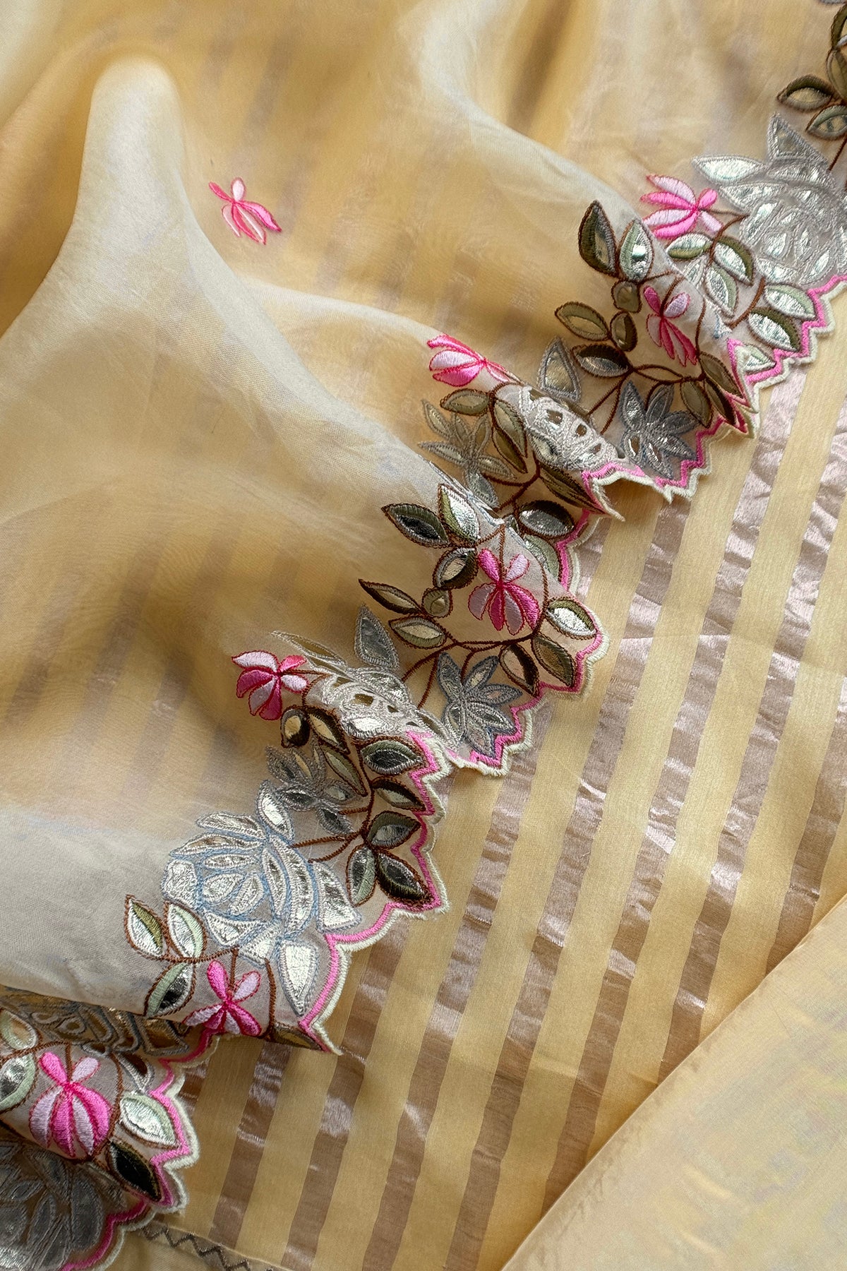 Butter Yellow Luxe Handloom Kora Silk Suit Fabric With Gotapatti, Appliqué And Parsi Stitch Handwork