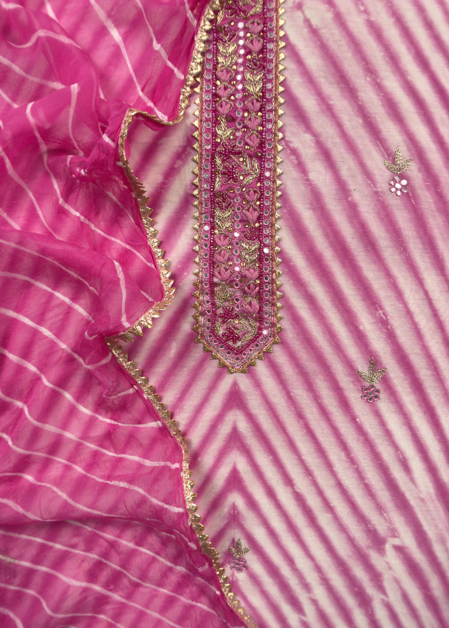 Pink Tie And Dye Leheriya Pure Chanderi Dupatta Suit With Gotapatti And Handwork