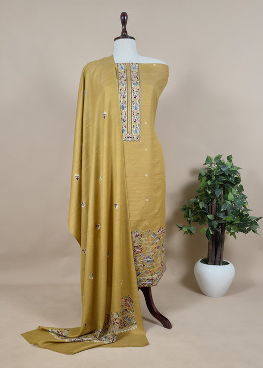 Yellow Pure Merino Wool Unstitched Suit Pashmina With Dupatta