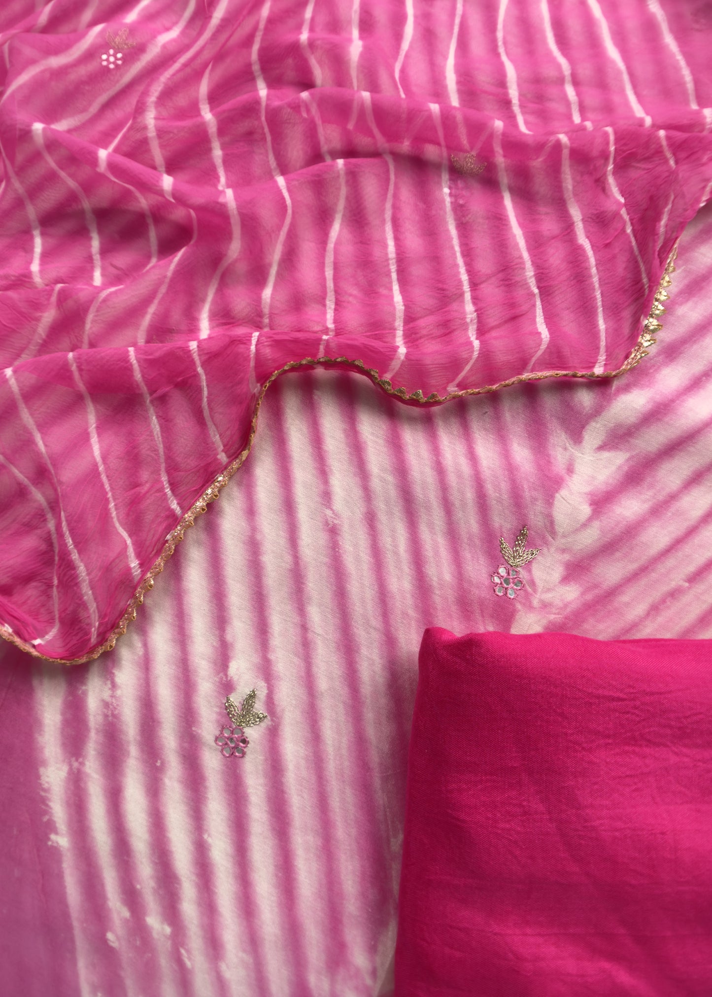 Pink Tie And Dye Leheriya Pure Chanderi Dupatta Suit With Gotapatti And Handwork