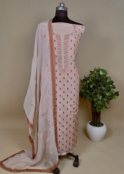 Pink Muslin Unstitched Suit With Embroidered Dupatta