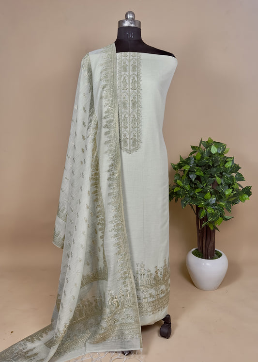 Light Pista Green Pure Cotton Silk Suit With Zari weaving