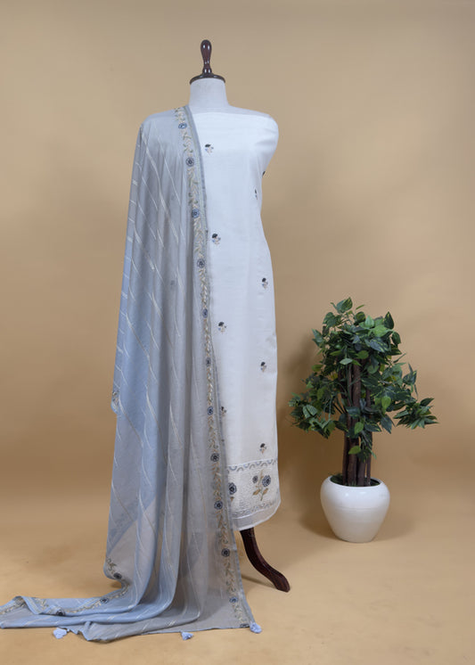 Off White With Grey Blue Embroidered Mul Chanderi Unstitched Suit