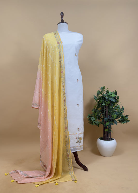 Off White With Yellow Pink Embroidered Mul Chanderi Unstitched Suit