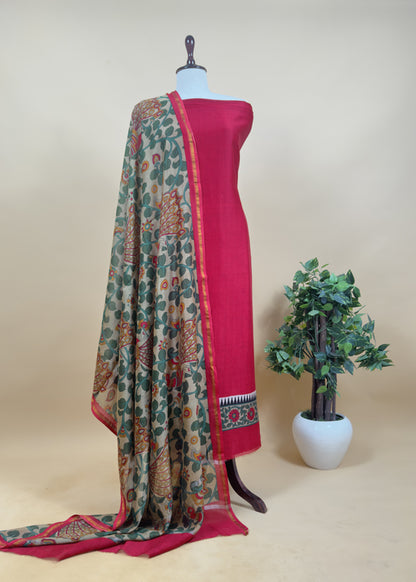 Yellow Pure Maheshwari Unstitched Suits With Kalamkari Dupatta