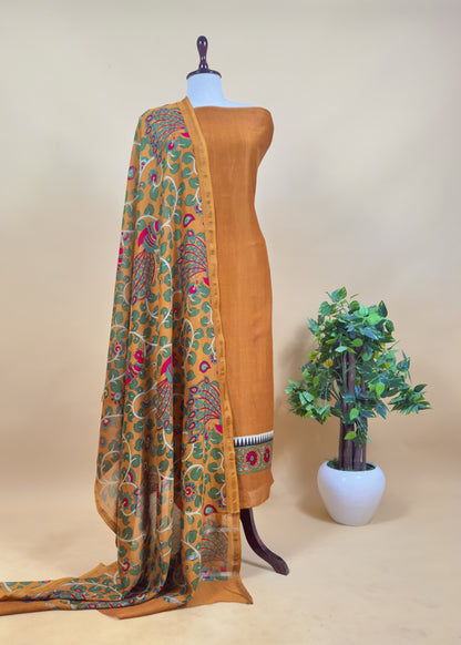 Yellow Pure Maheshwari Unstitched Suits With Kalamkari Dupatta