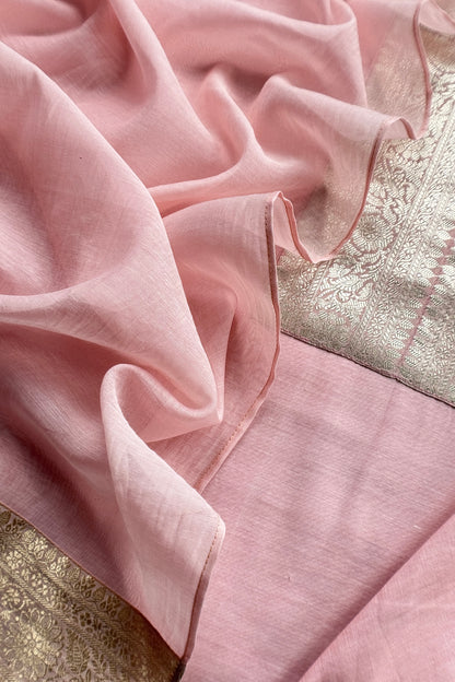 Baby Pink Handloom Varanasi Mulmul Kurta And mulmul Dupatta With Kadwa Weaving