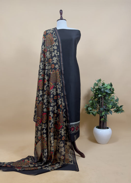 Black Pure Maheshwari Unstitched Suits With Kalamkari Dupatta
