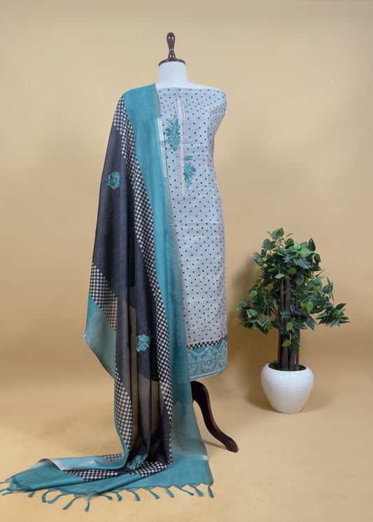 Turquoise Blue Embroidered Tussar Suit With Digital Print