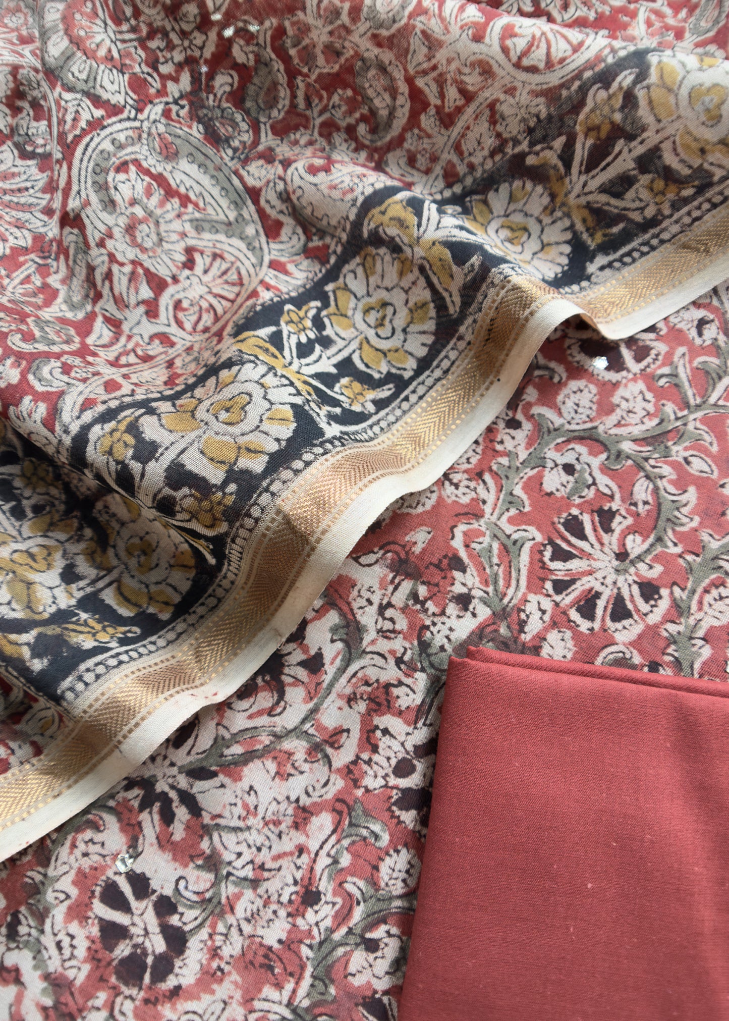 Red Sanganeri Block Printed Natural Dyed Ajrakh Suit In Chanderi