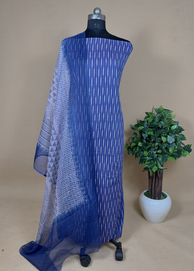 Blue Cotton Suit With Shibori Work With Kota Dupatta