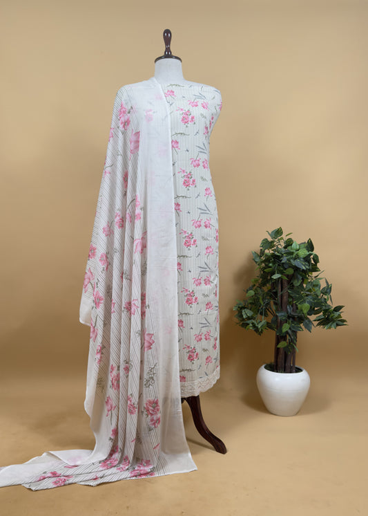 Off White Mul Mul Cotton Unstitched Suit With Dupatta
