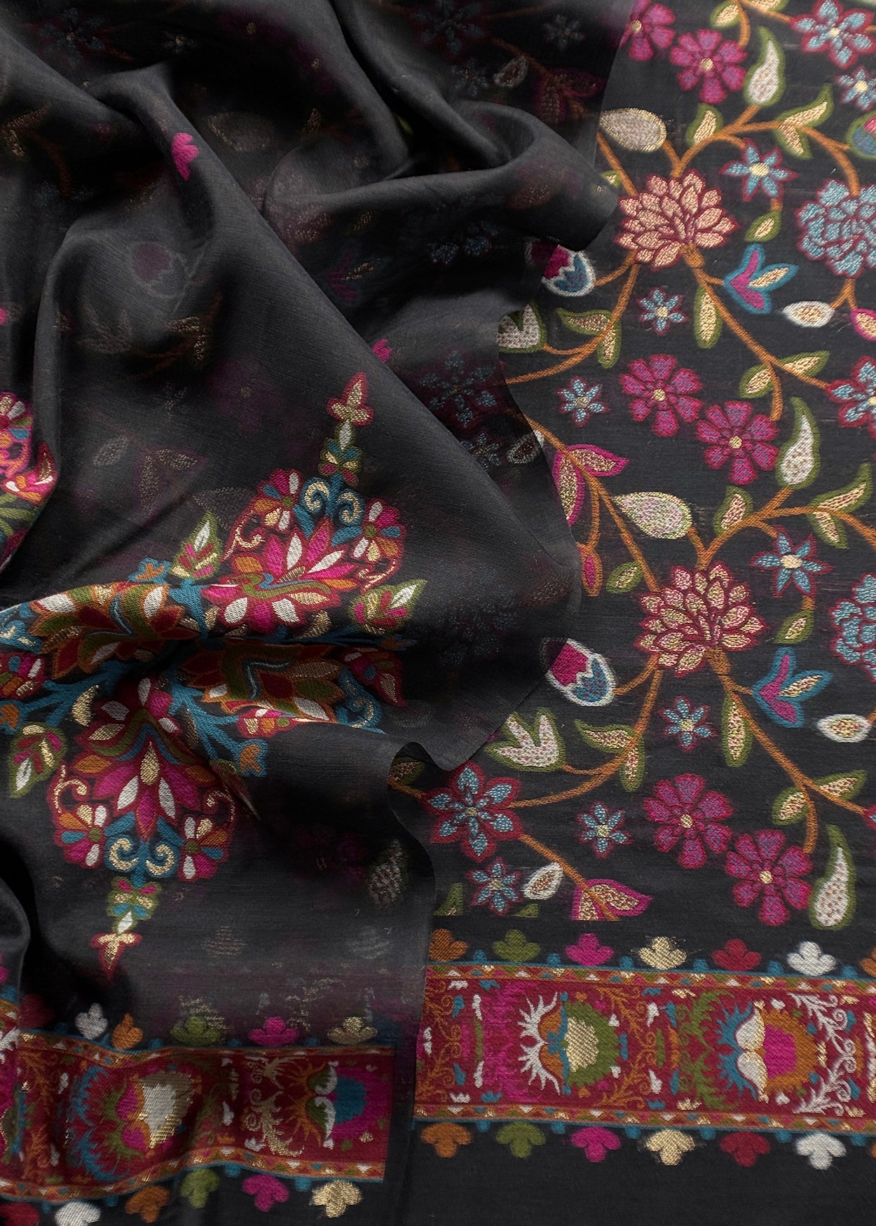 Black Linen Chanderi Suit With Jamdani Weaving