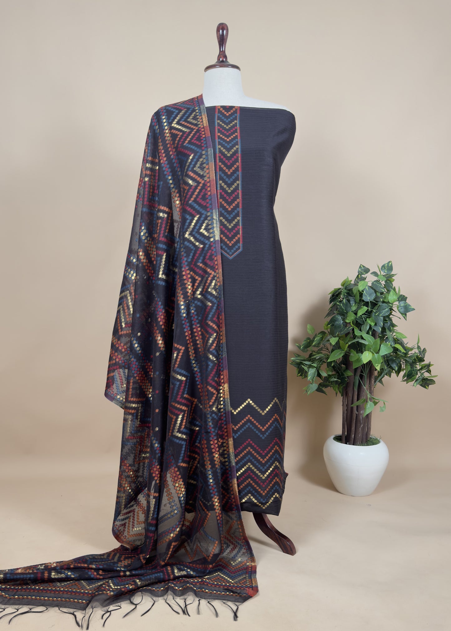 Black Handwoven Kani Silk Unstitched Suit