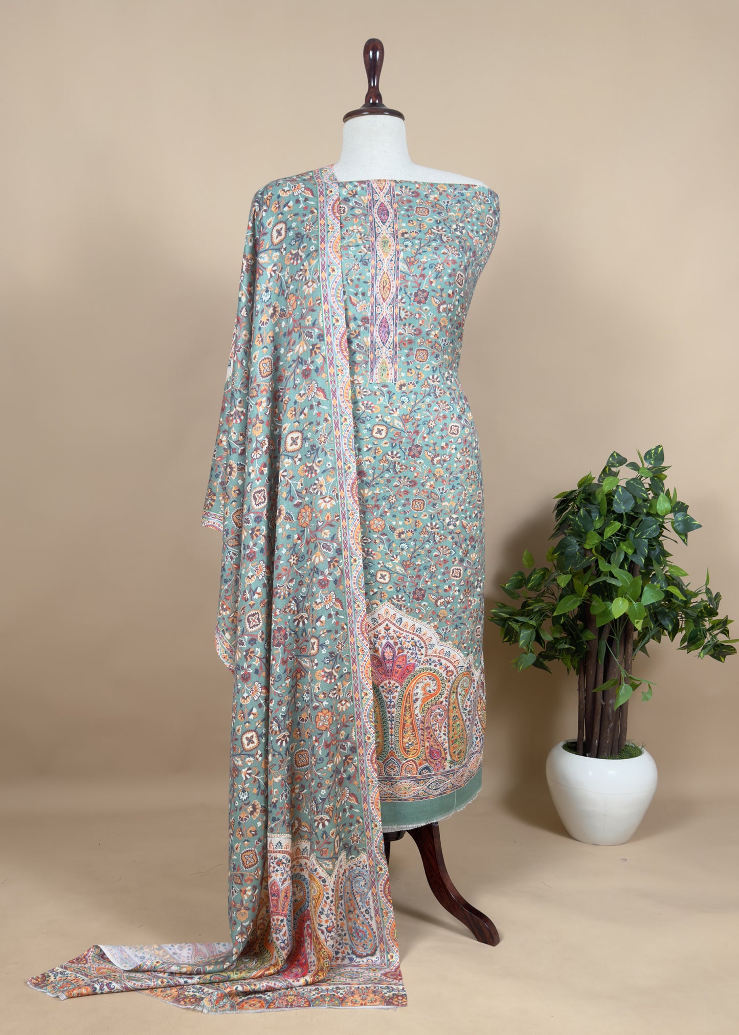 Unstitched Pure Merino Wool Dupatta Suit With Aari Embroidery