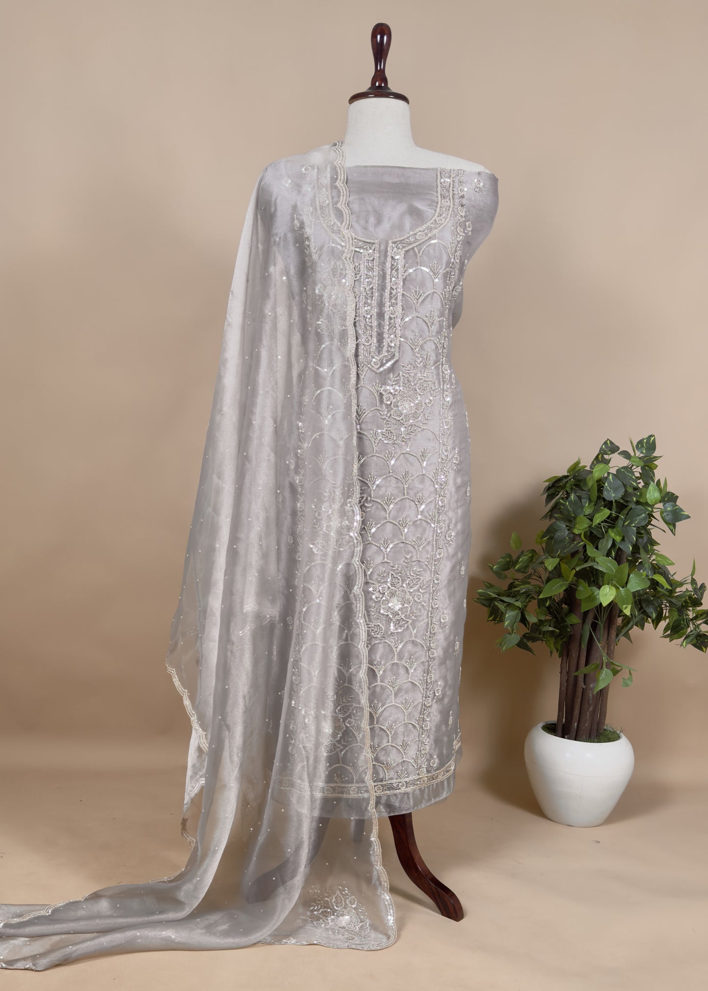 Grey Pure Tissue Gorgeous Handwork Unstitched Suit With Dupatta