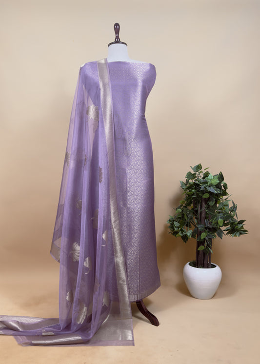 Purple Banarasi Silk Brocade Suit With Organza Dupatta